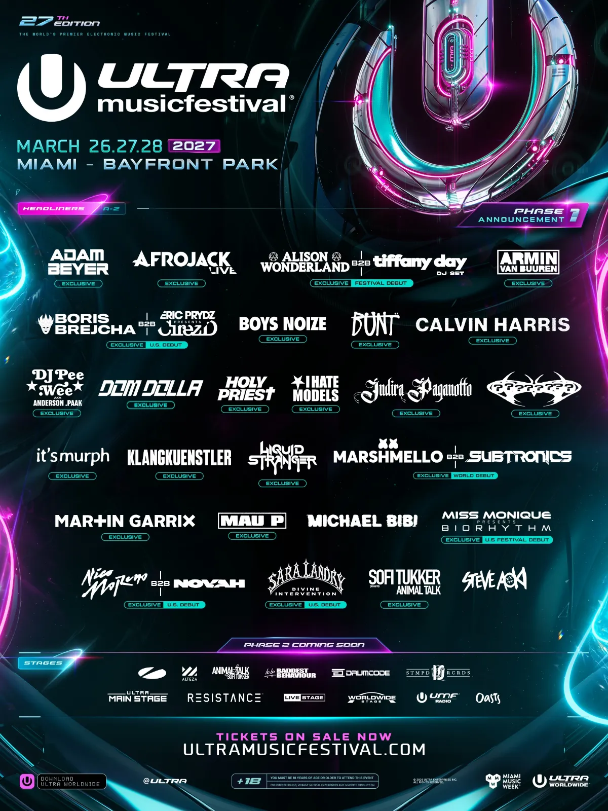 Calvin Harris regresa a Ultra Miami 2027: conoce los primeros artistas confirmados del Phase 1